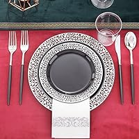 Vista 6 de LIYH 350 platos de plástico negro y plateado, juego de vajilla de plástico plateado, cubiertos desechables, platos negros con servilletas