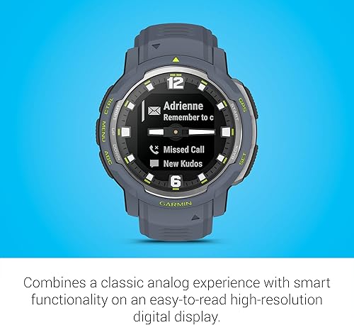 Vista 4 de Garmin Instinct Crossover, reloj inteligente híbrido resistente, manecillas analógicas y pantalla digital, granito azul azul Granite