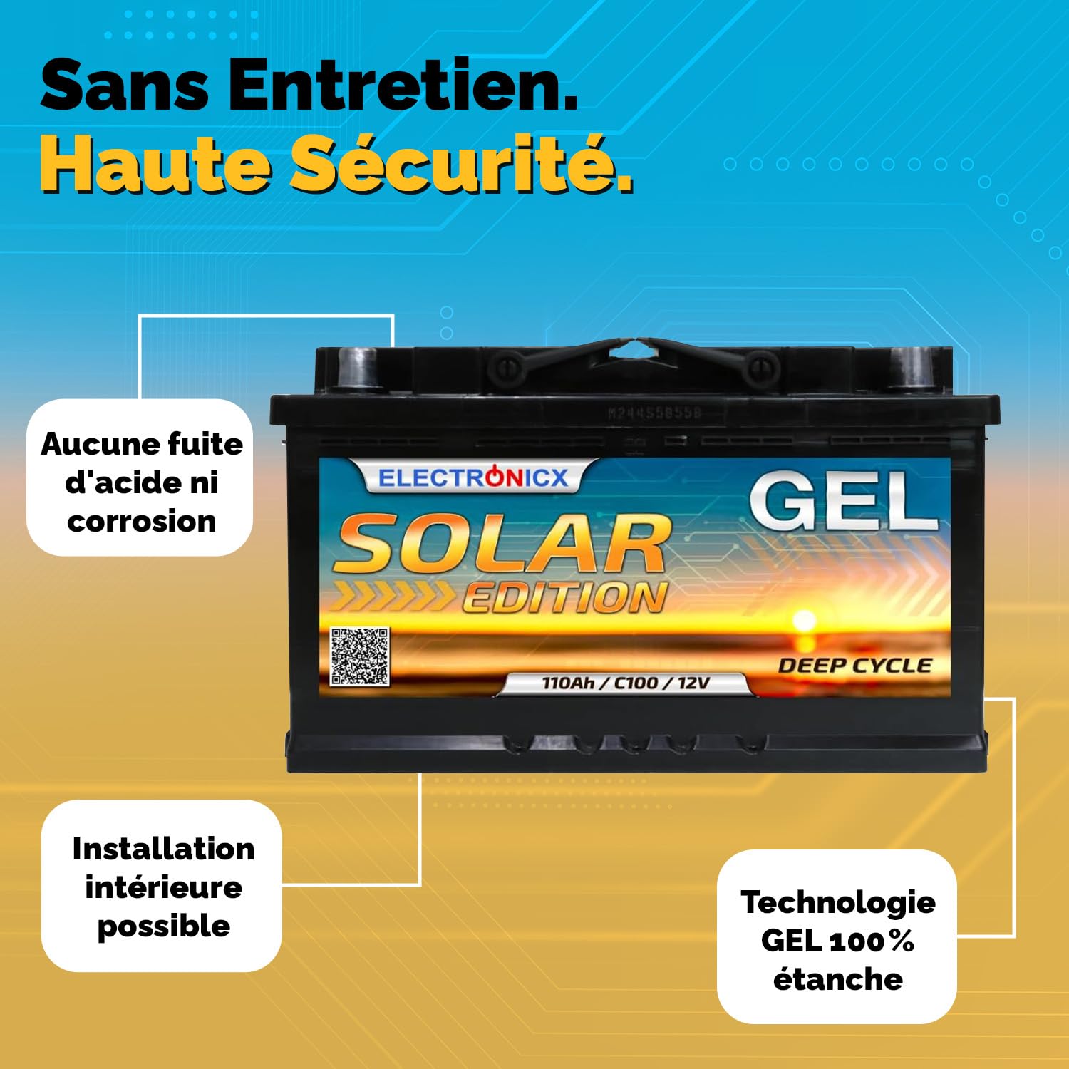 Electronicx Batterie Gel 12V 110Ah C100 Édition Solaire – Batterie de Service à décharge Lente 110 Ah – Technologie Gel – Borne Positive à Droite – Camping-Car Bateau Photovoltaïque