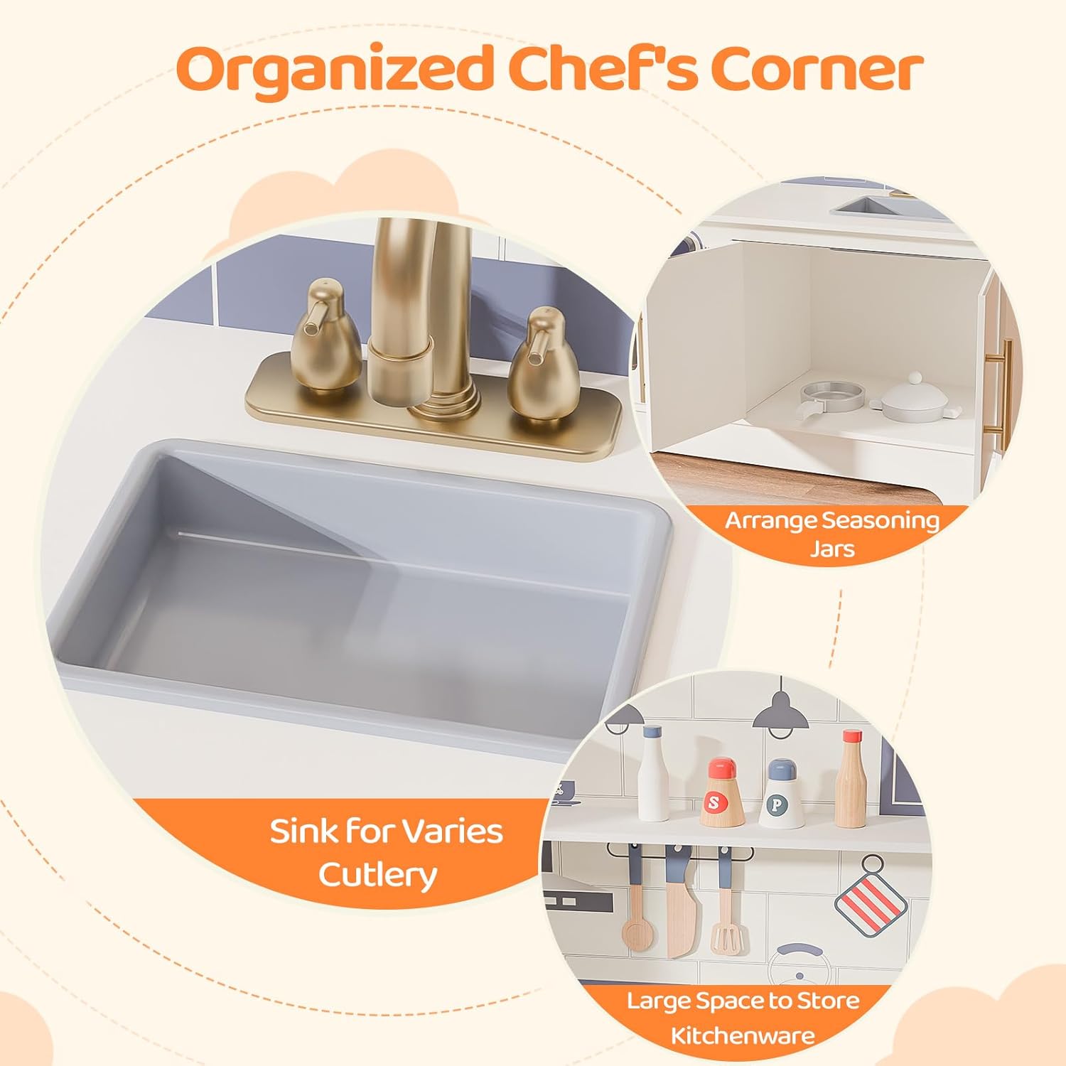 Close-up of the JOYMOR Kids Wooden Play Kitchen sink and storage areas, showing an organized space for play items.