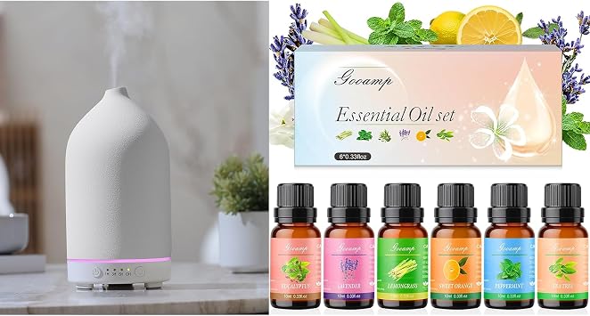200ML Ceramic Essential Oil Diffuser White- Ultrasonic Aromatherapy & Humidifier with Essential Oils Set-Top 6 Organic Blends for Diffusers