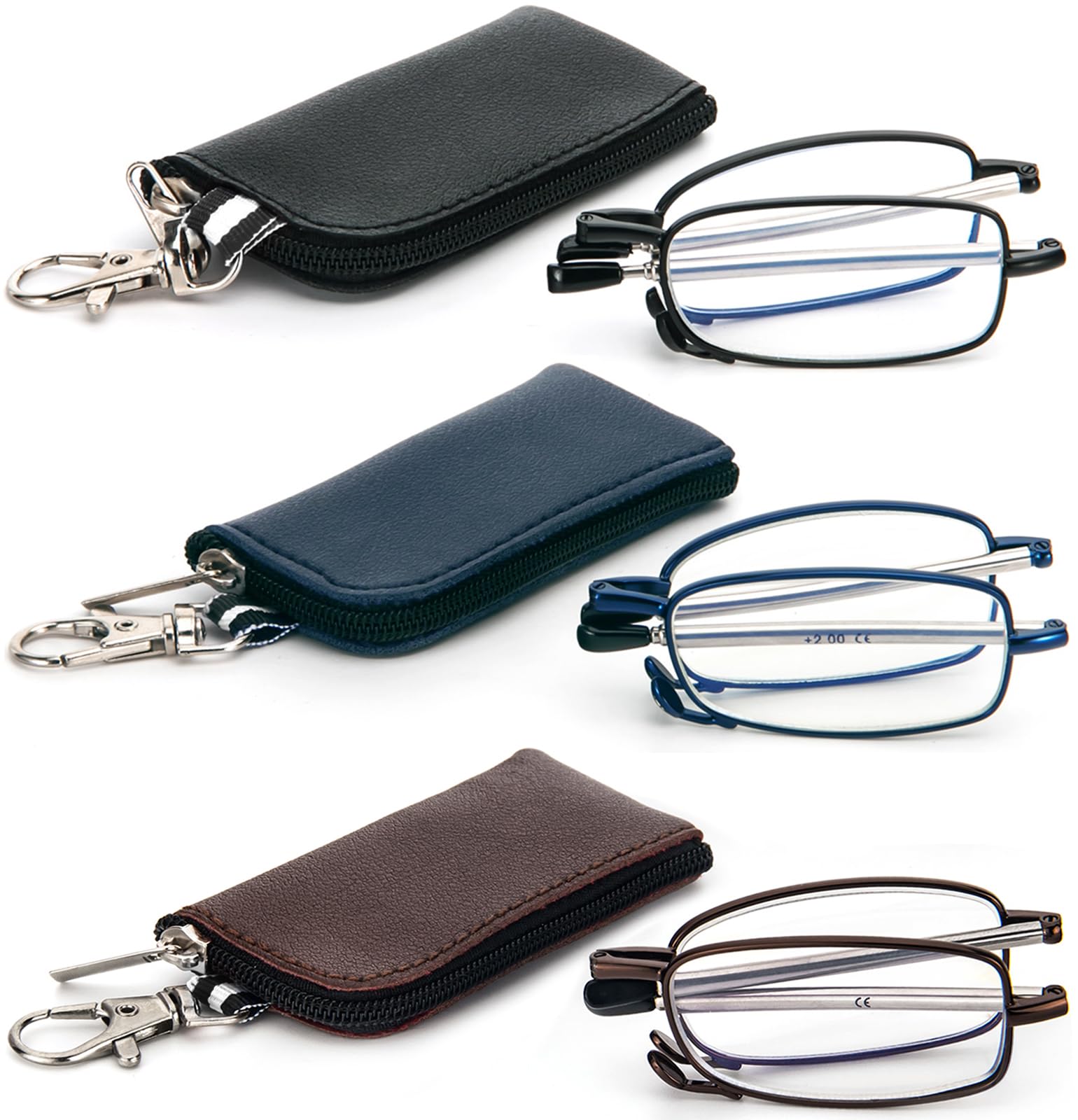 REAVEE 3 Pack Folding Reading Glasses with Keychain Compact Bags for Women Men, Blue Light Blocking Spring Hinge Portable Pocket Readers, Black Brown and Blue 2.0