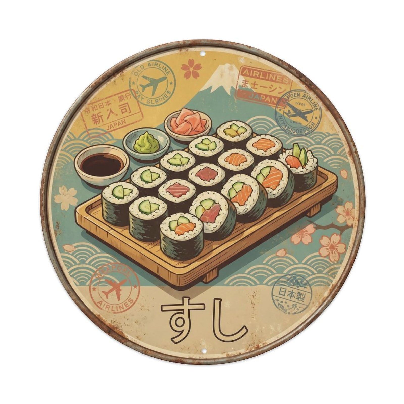 Cxhjca 8X8inch(20X20cm) Japanese Sushi Bar Vintage Travel Nigiri Maki Kitchen Metal Tin Sign