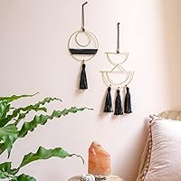 Vista 2 de Mkono 2 piezas pequeñas de macramé para colgar en la pared, decoración bohemia con anillo de metal dorado para dormitorio, sala de estar, cuarto