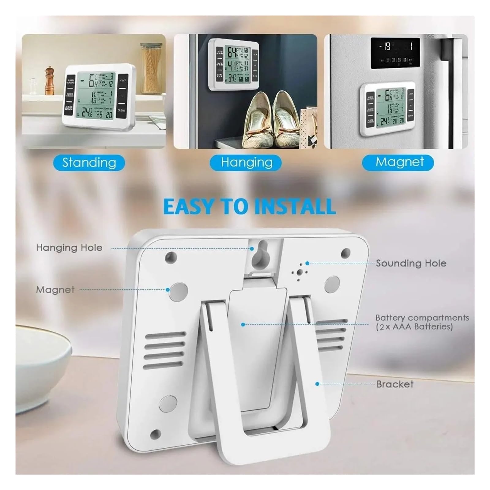 Thermomètre De Réfrigérateur LCD, Alarme Sonore Numérique, Compteur De Réfrigérateur Avec 2 Capteurs De Température, Affichage Min/Max, Intérieur Et Extérieur Moniteur Précis