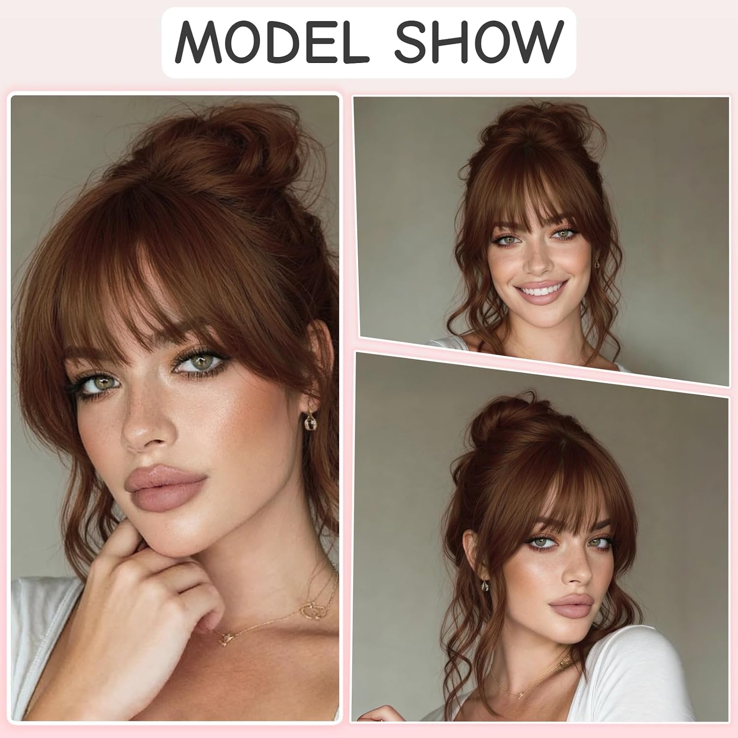 Clip in Bangs 100% Human Hair Faux Fringe Wispy Bang with Temples | Curtain Air Clips on Hair Extensions Fake Natural Fluffy Light-weight Hairpieces for Women Girls Party Daily Use Warm Auburn
