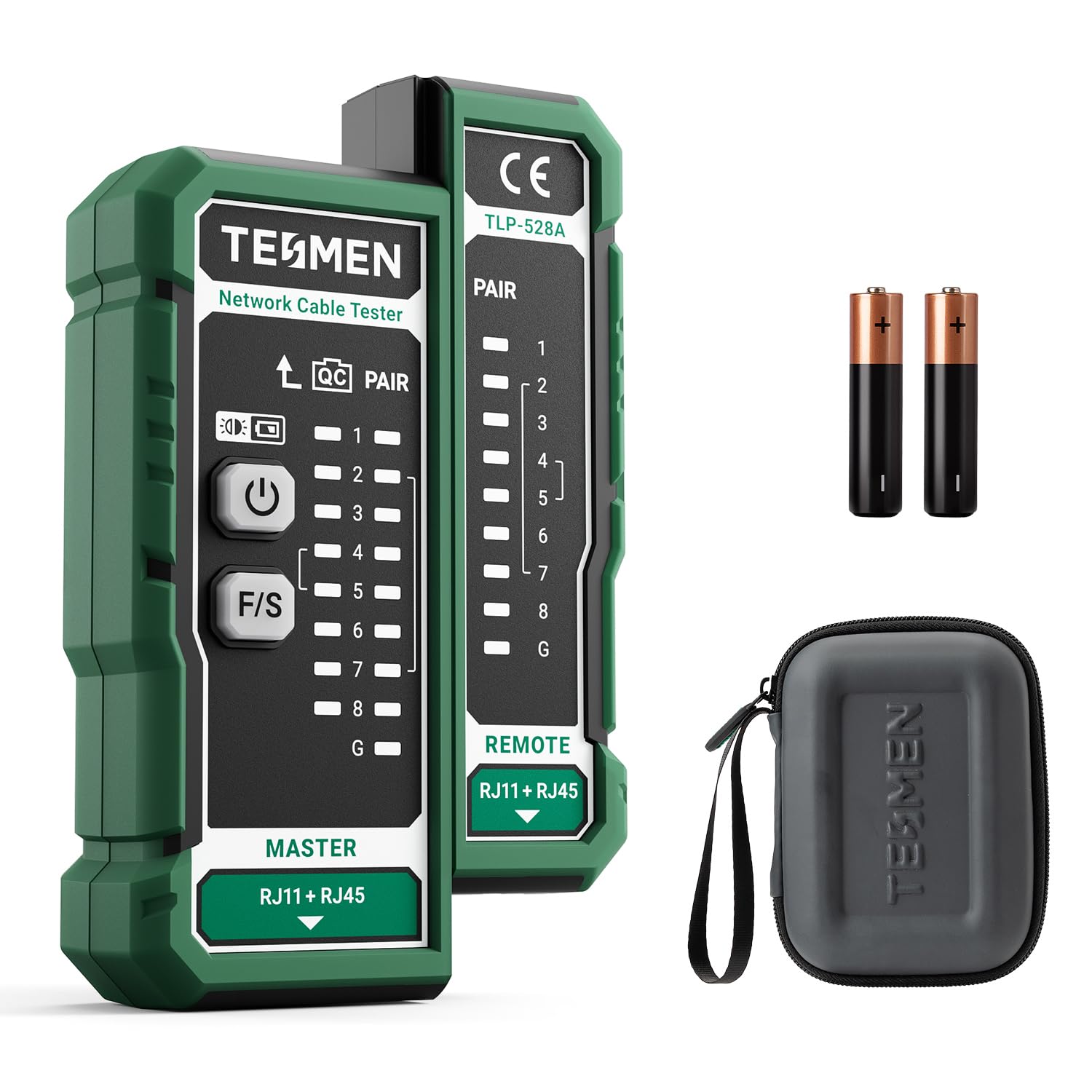 TESMEN TLP-528A Tester per cavi di rete, RJ11/RJ45, tester Ethernet LAN/TEL con test continuità & QC, per CAT5/CAT6/CAT7, ideale per manutenzione cavi – Verde
