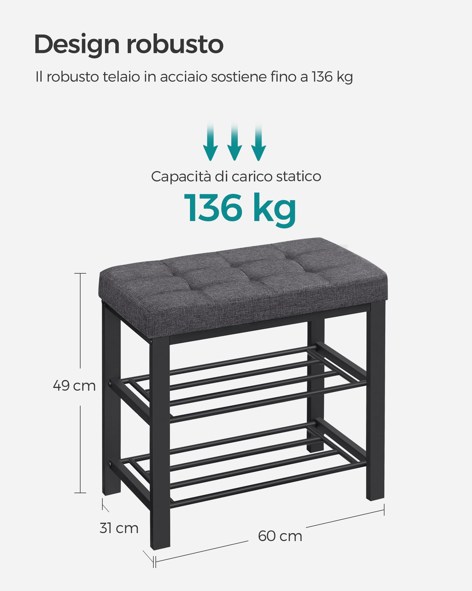 SONGMICS Shoe Bench, 3-Tier Rack for Entryway, 60 * 31 * 49cm, Dark Gray and Black LBS576B33