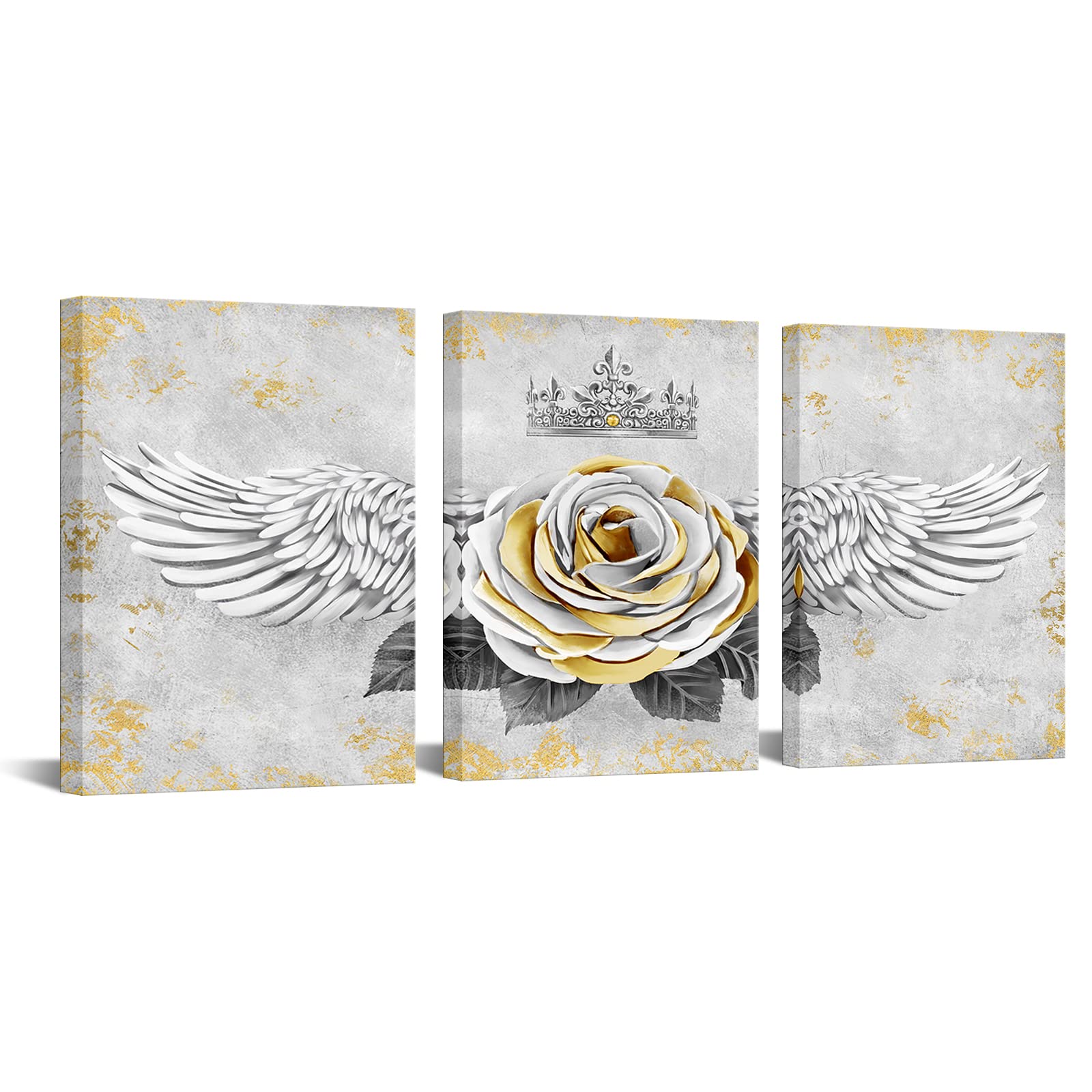 Angel Wings Canvas Wall Art with White Rose Painting Contemporary Artwork for Living Room Wall Decoration Framed and Stretched Ready to Hang Size 12"x16"x3