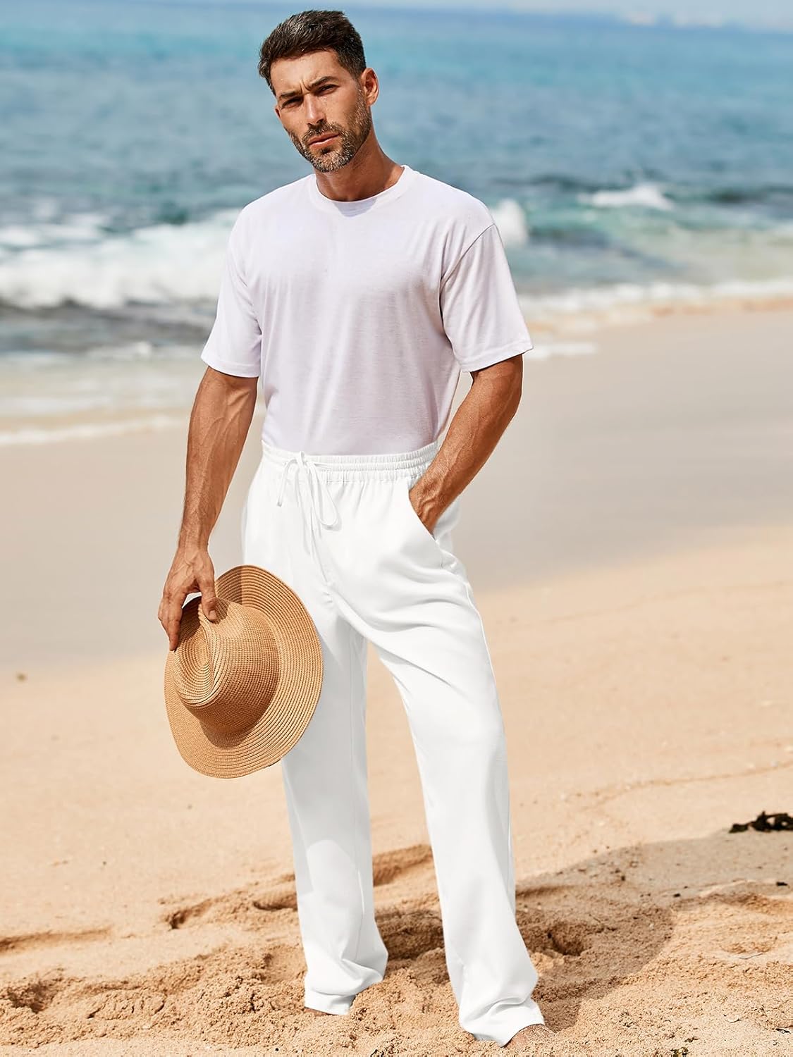 Makkrom Mens Casual Pants Drawstring Elastic Waist Lightweight Linen Pants Loose Fit Summer Beach Yoga Trousers - Image 4