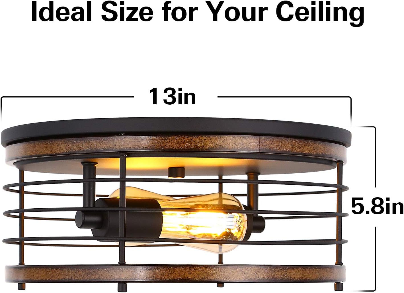 Close To Ceiling Lights, 13 inches 2 Lights Flush Mount Ceiling Light Fixture, Cylindrical Metal Imitation Wood Ceiling Lamp, Industrial Farmhouse Ceiling Light for Hallway, Entryway, Bedroom, Balcony - - 