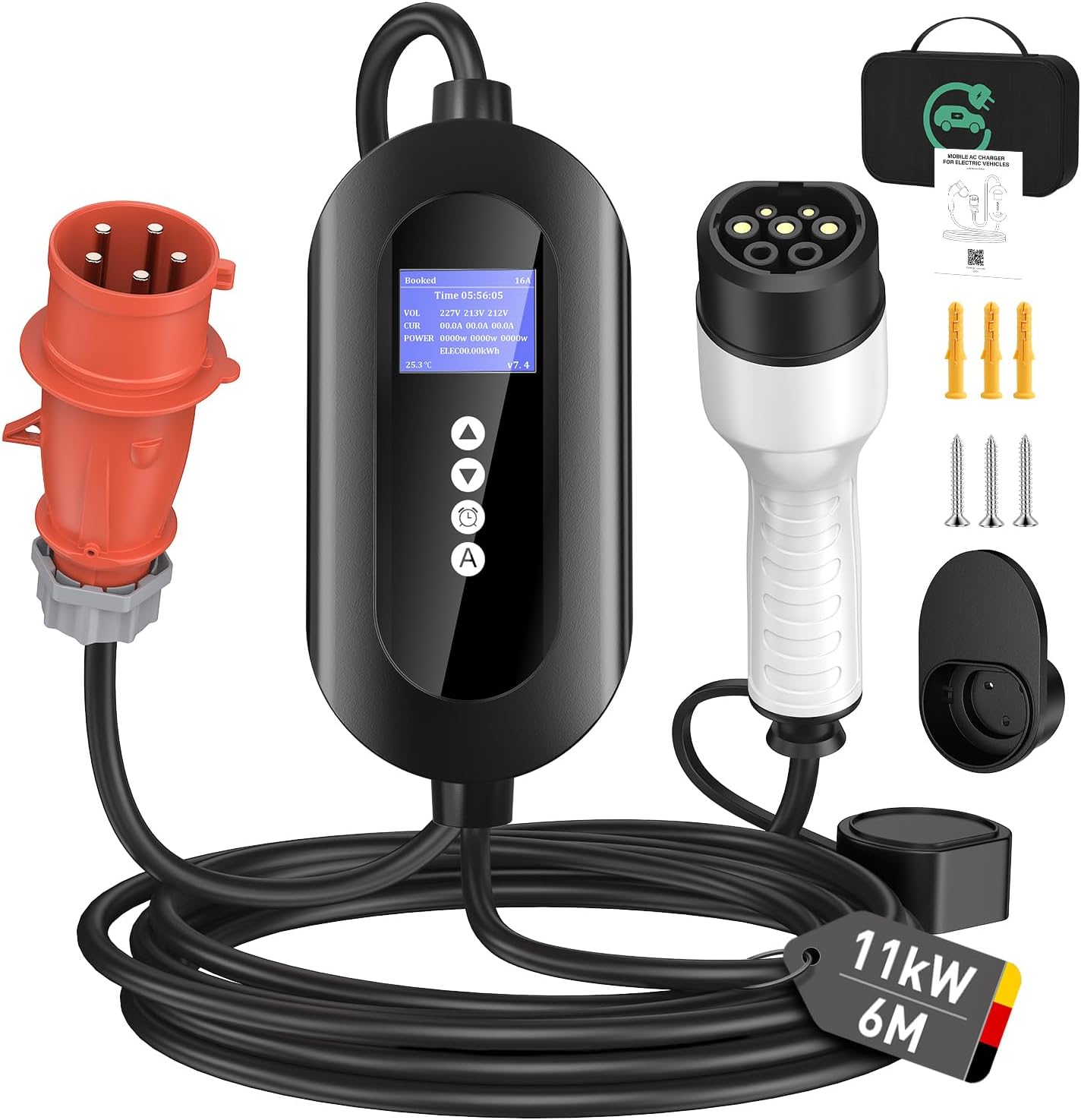 Mobile Wallbox 11 kW mit CEE 16A Stecker (3-phasig), 6 m Typ-2-Ladekabel, 8–16 A einstellbar, Mobile Ladestation mit Stromzähler &amp; 0–24 h Timer, für BEV &amp; PHEV, Schwarz