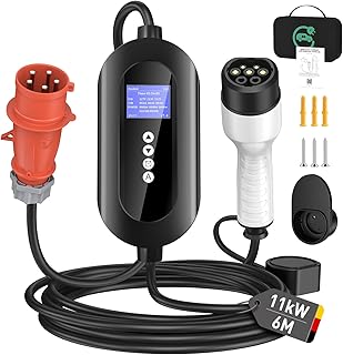 Mobile Wallbox 11 kW mit CEE 16A Stecker (3-phasig), 6 m Typ-2-Ladekabel, 8–16 A einstellbar, Mobile Ladestation mit Stromzähler & 0–24 h Timer, für BEV & PHEV, Schwarz