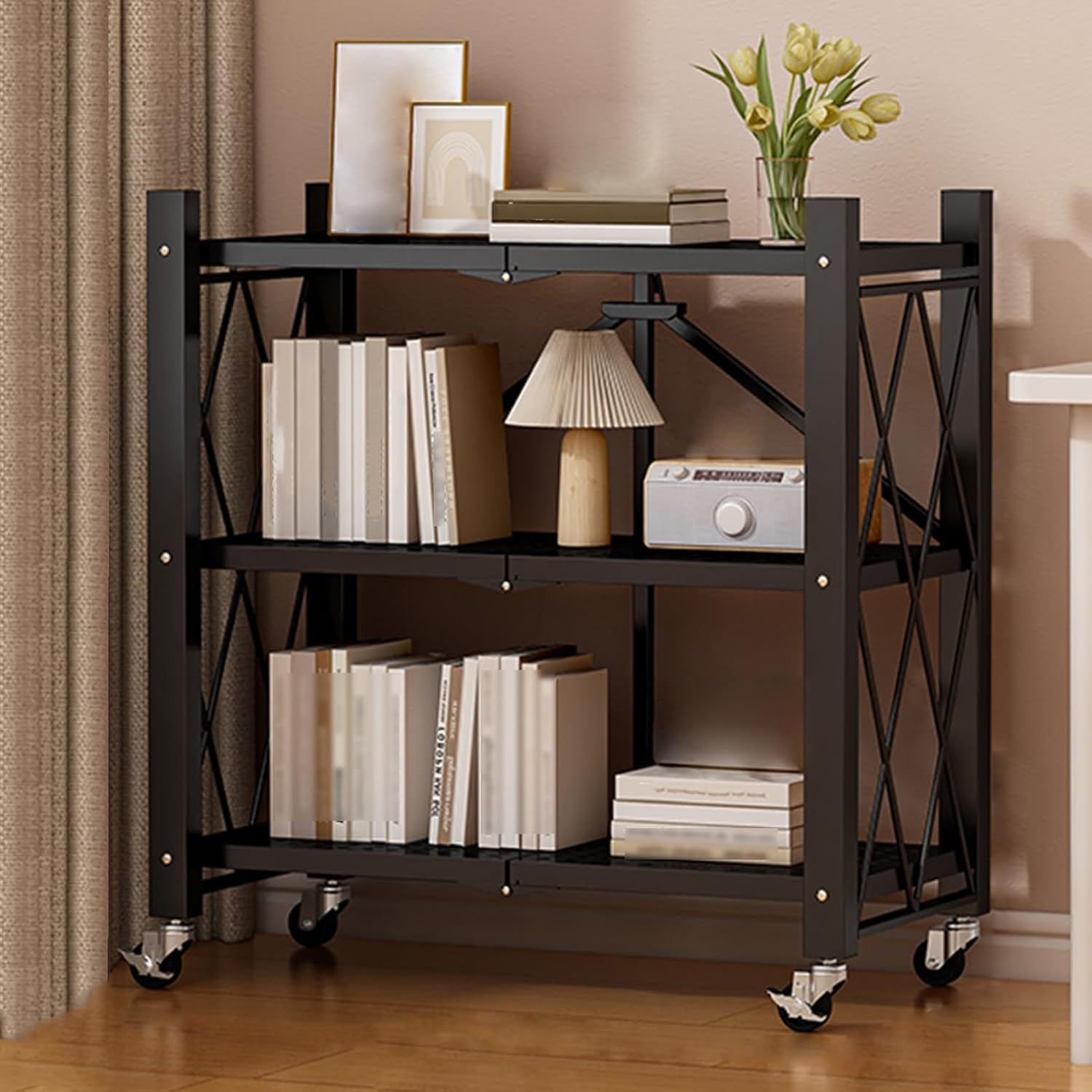 Folding Installation-Free Display Cabinet, Multi-Layer Storage Cabinet, Diamond Cross guardrail Design, Suitable for Study Rooms, Corners, etc (Color : Black, Size : 28.1x13.3x34.2in)
