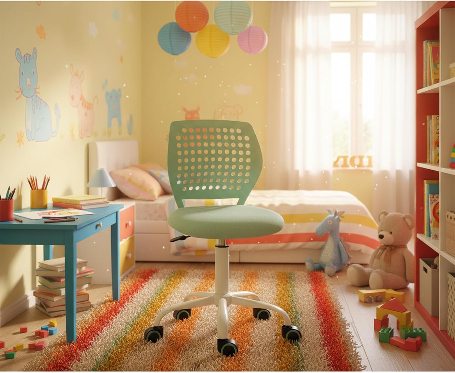 Homy Casa Armless Home Office Desk Chair, Colorful Task Chair with Soft Farbic Padded Cushion, Height Adjustable Swivel Study Computer Chair for Girls Boys Teens,Aqua