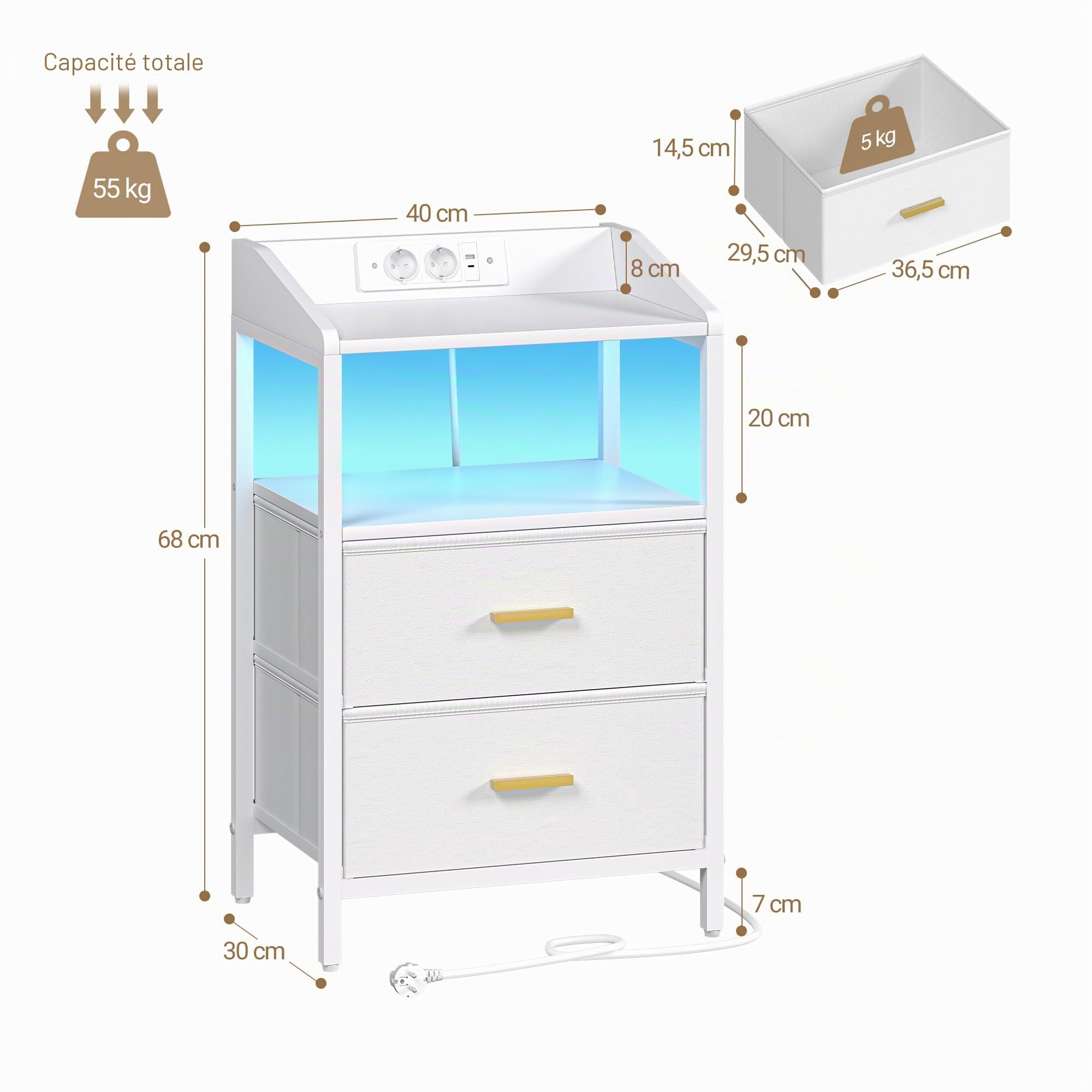 Hzuaneri Table de Chevet Lot de 2, avec Éclairage LED, Table de Nuit avec 2 Tiroirs de Rangement en Tissu, Tables d'appoint avec Ports USB et 2 Prises CA, pour Chambre, Blanc NS36213W