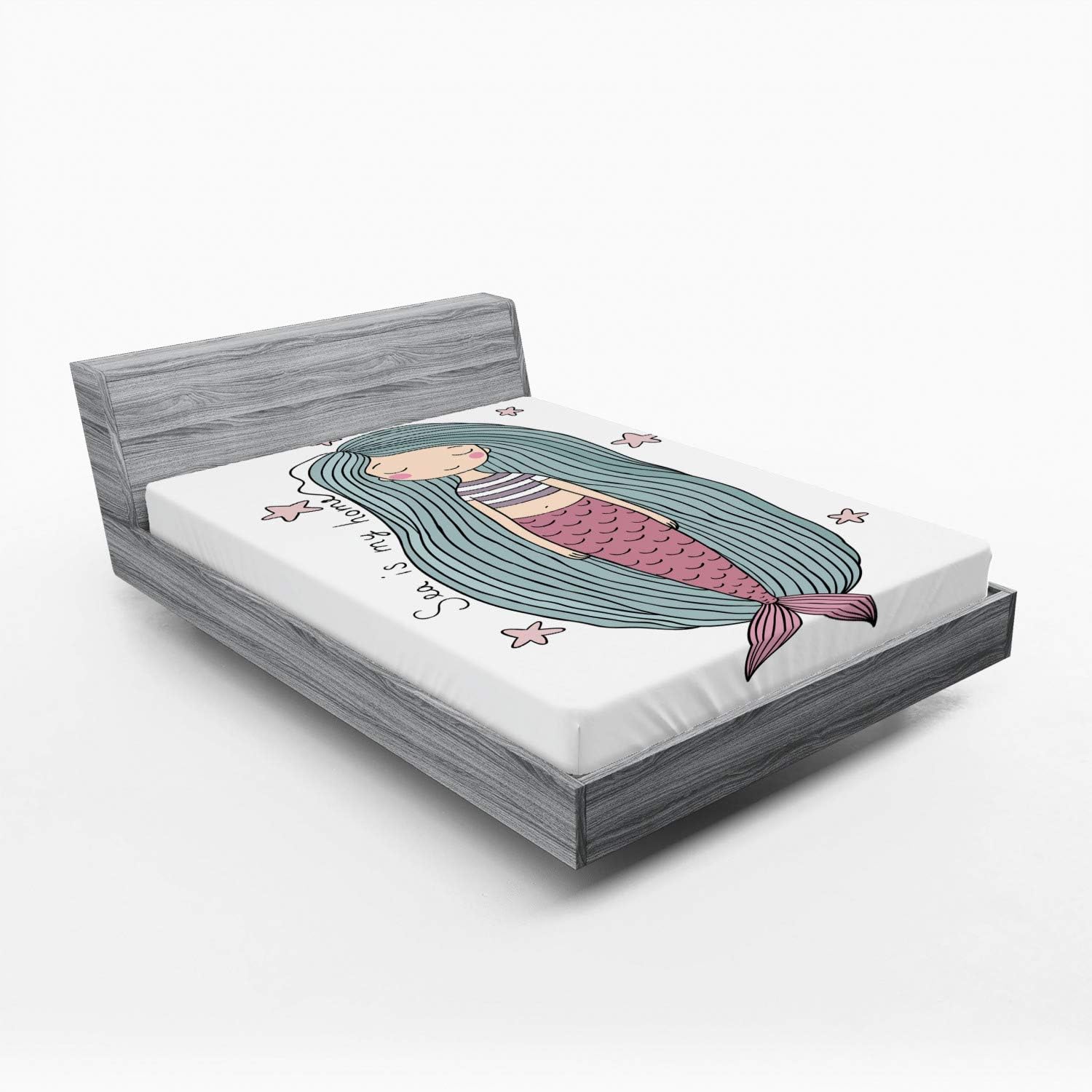 Ambesonne Mermaid 2 Pack Fitted Sheet, Sea is My Home Girl, Bed Cover All-Round Elastic Deep Pockets 2 Pieces, Package Contains 2 Full Size Fitted Sheets, Pink Lilac Slate Blue