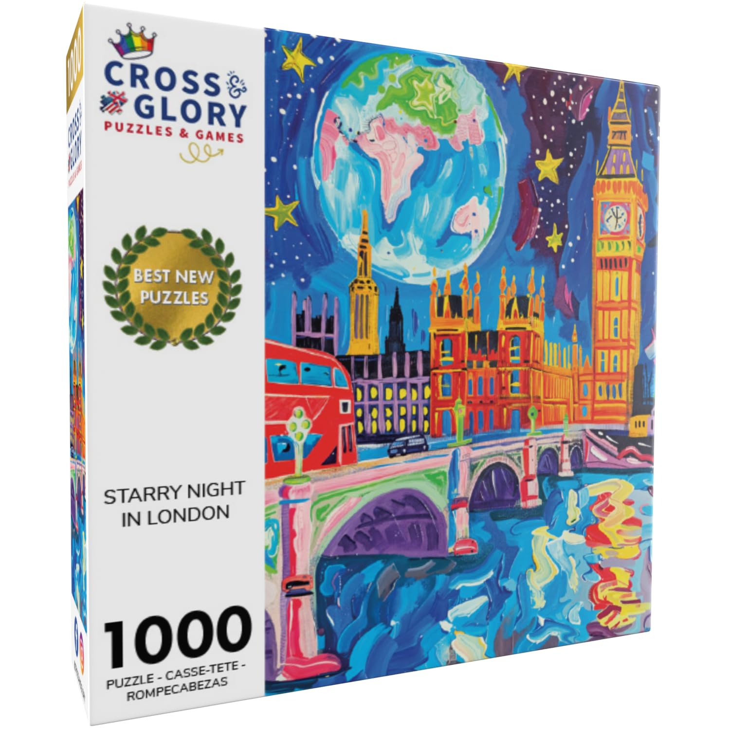 Cross & Glory - Starry Night in London - 1000 Piece Jigsaw Puzzle | Vibrant Art of Big Ben & Red Double Decker