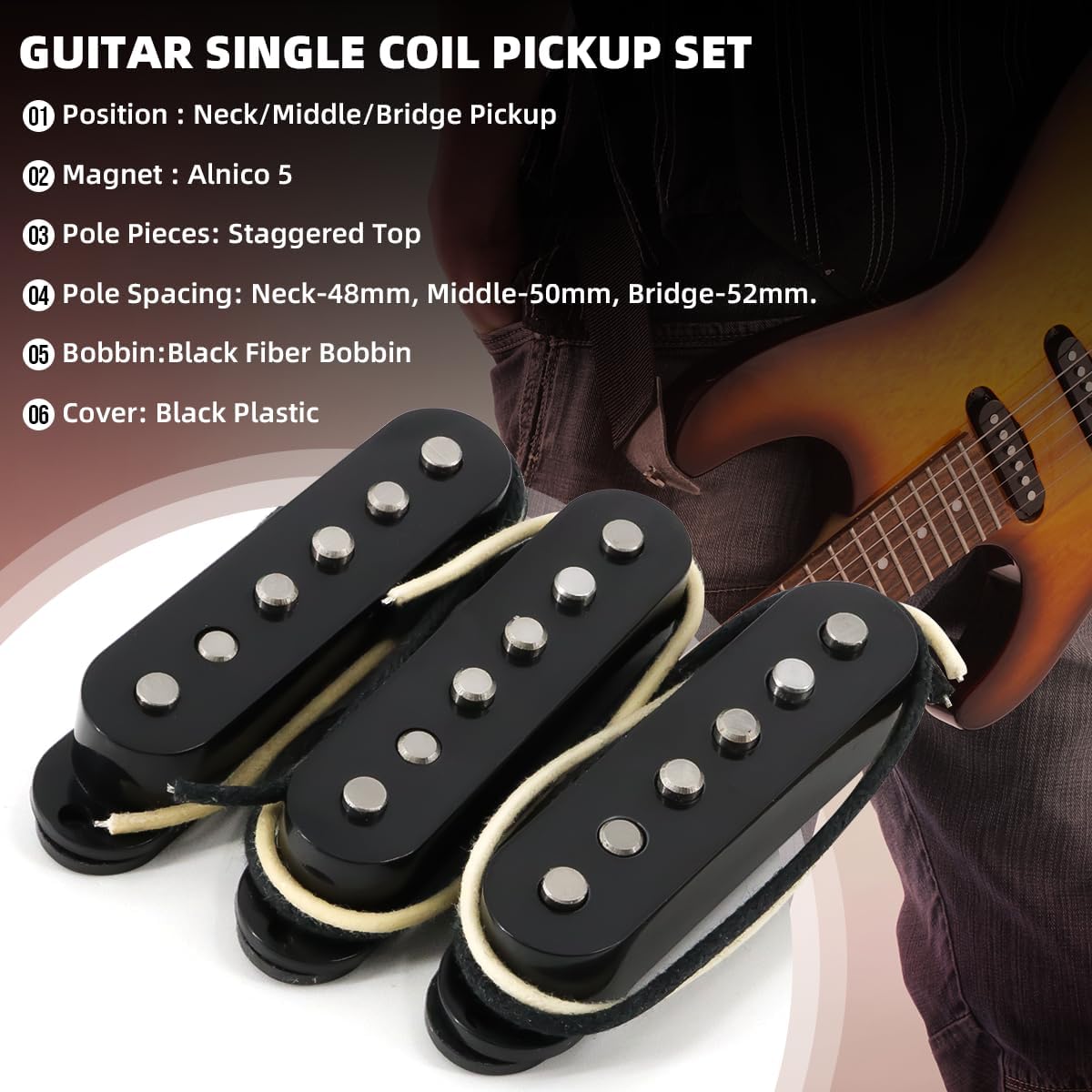 Single Coil Pickup Alnico 5 Neck/Middle/Bridge Pickups for Strat Electric Guitar Replacement Part (Black)