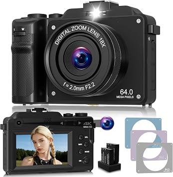 Digital Camera for Photography, 4K 64MP with Selfie Lens & 20X Zoom, WiFi, Compact Vlogging Camera for YouTube, Portable Travel Camera with 2 Batteries for Students Teens Beginners
