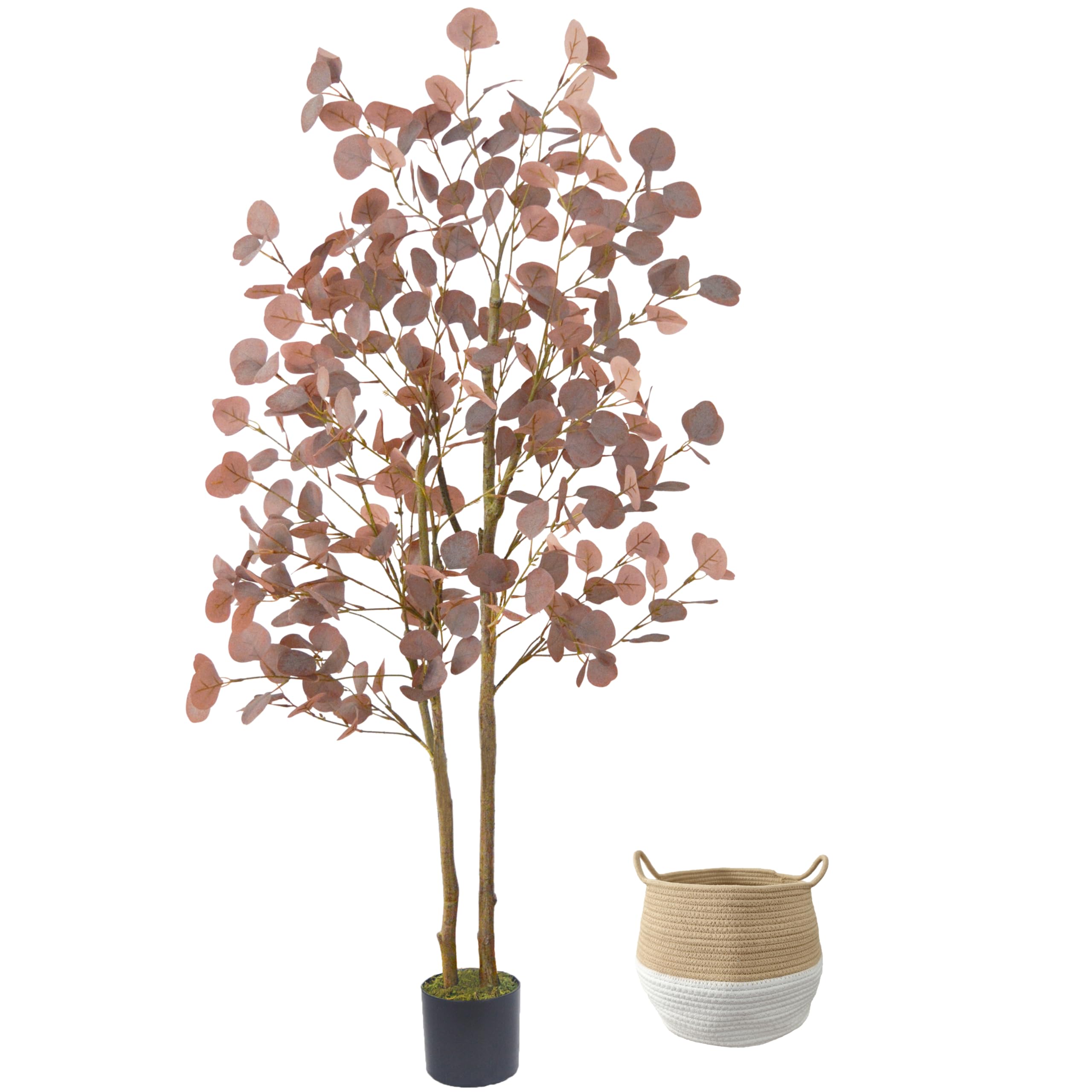 Warmplants Artificial Eucalyptus Tree, 5ft Fake Eucalyptus Plant with Basket, Red Silver Dollars Silk Leaves Faux Tree for Home Office Perfect