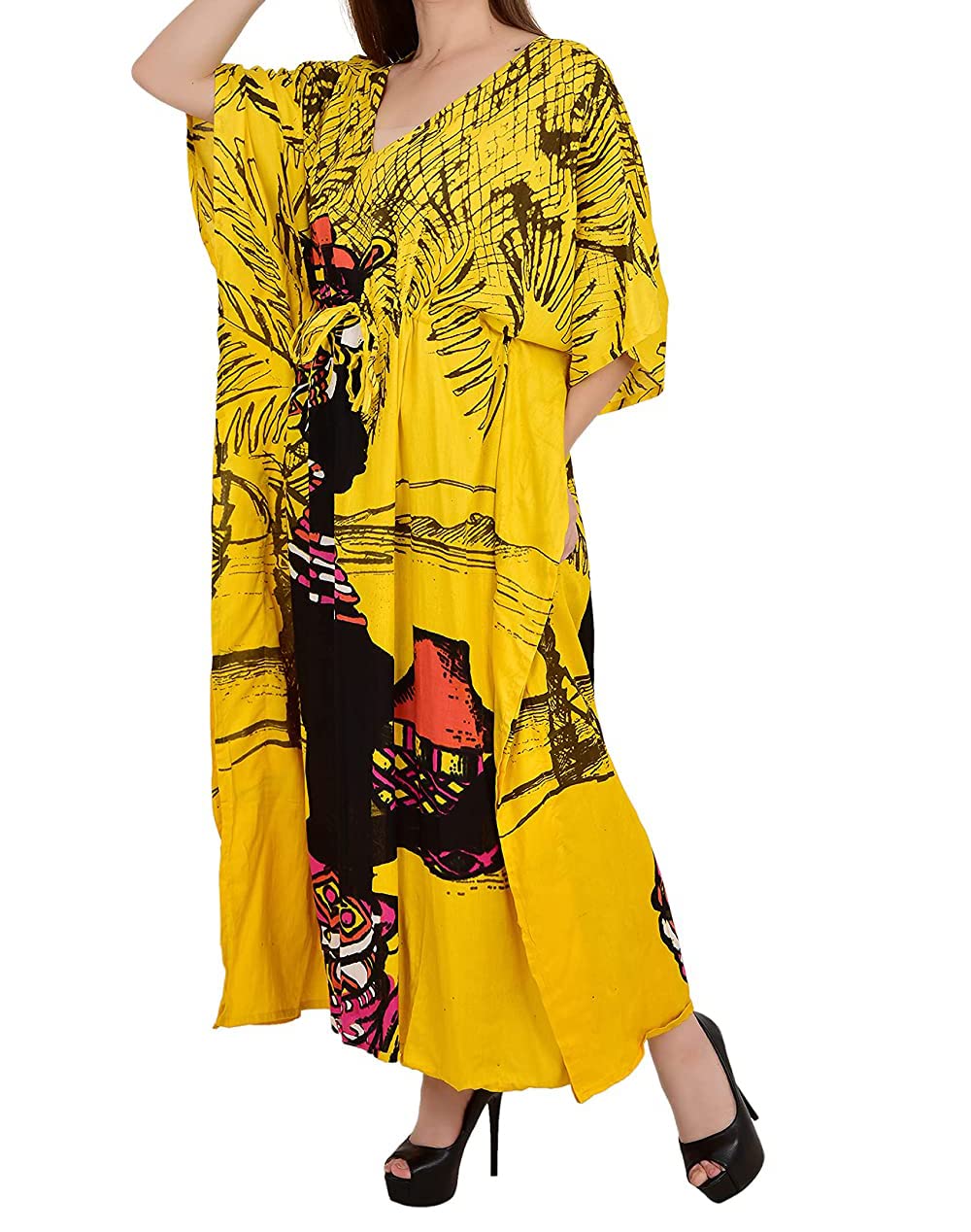 Ukal Caftan en coton pour femme - Impression numérique - Caftan - Robe longue - Longueur cheville - Sarong - Jaune - Taille unique