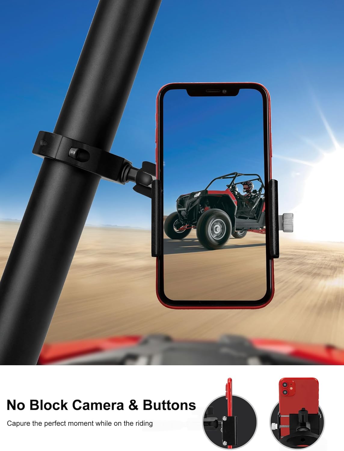 ZIDIYORUO UTV Phone Mount, Aluminum Heavy Duty UTV Phone Holder Fit for 1.75"-2" Roll Cage, Compatible with Polaris RZR/Can Am X3/Kawasaki Teryx/Talon Pioneer 1000, No Block Camera & Buttons