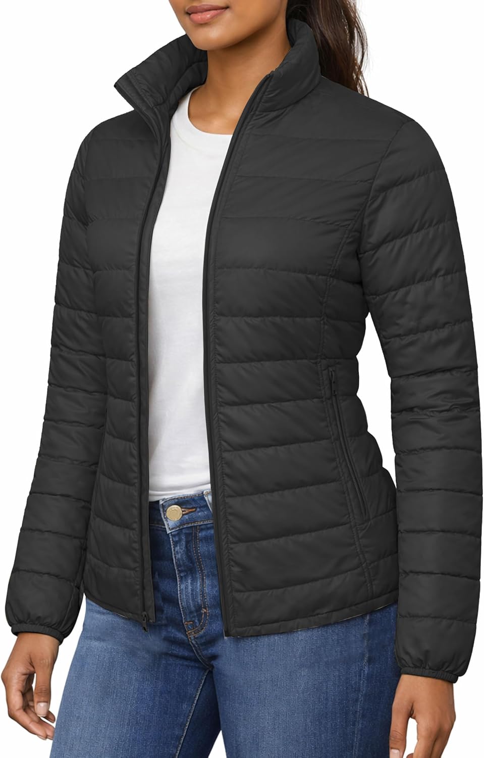 URBAN BUCK Packable Puffer Jacket Women without Hood – 32 Degree Lightweight Travel Winter Plain Puff Foldable Jacket for Women – Ellie Black Quilted Water-Resistant & Repellent For Outdoor (L) - Image 2