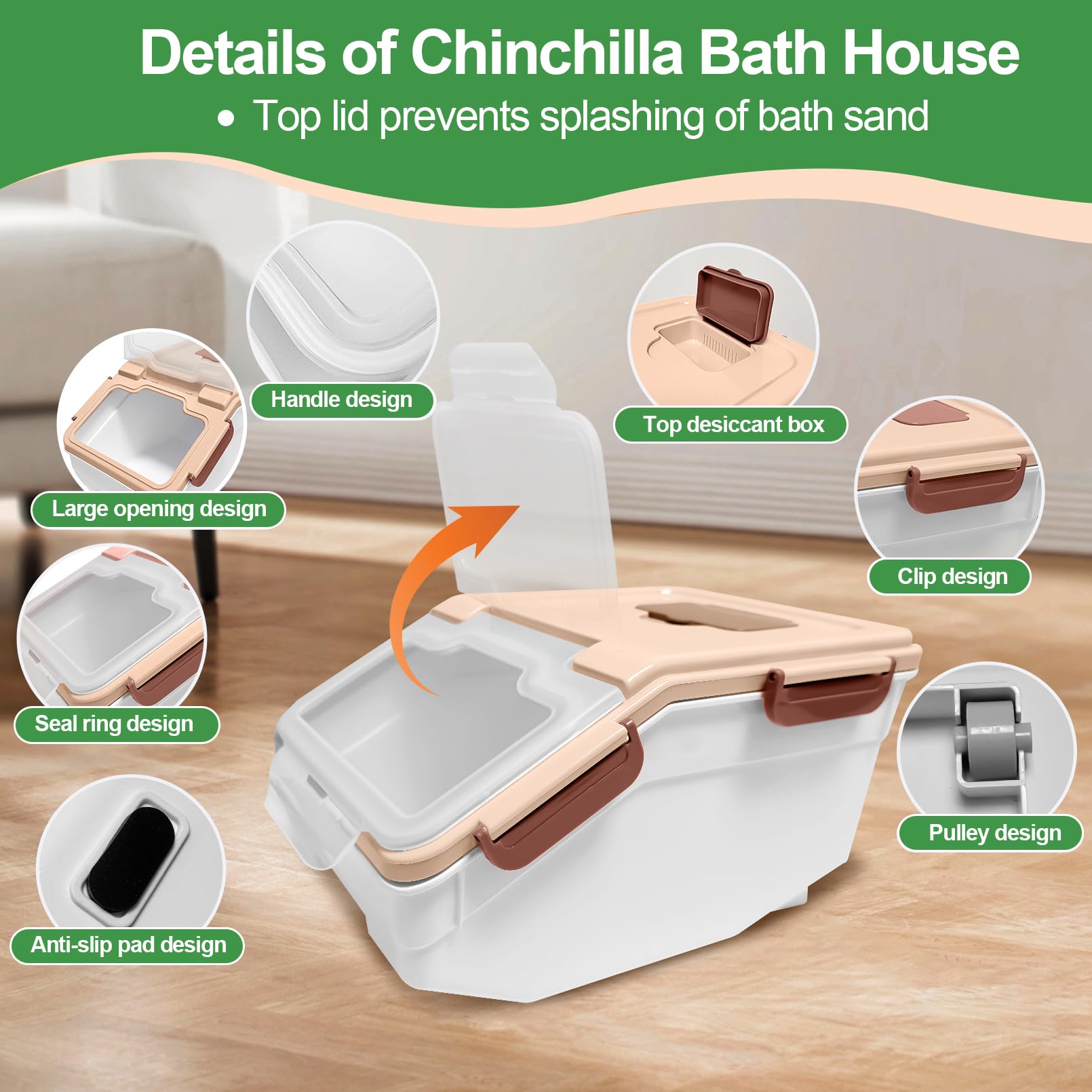 Kit de contenedor grande para baño de arena de chinchilla, casa de baño de polvo de chinchillas con taza de arena y pala de arena, ducha de hámster, para erizo, cobaya, ardilla y otros