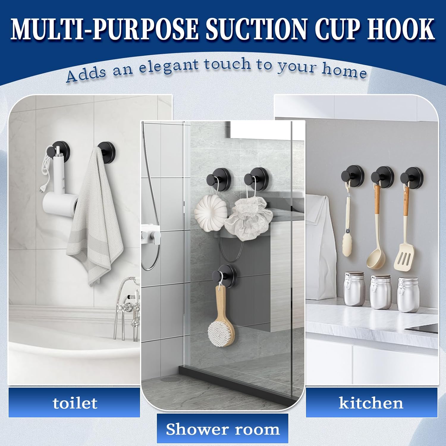 Suction Cup Hooks Reusable No Drill Stainless Steel Shower Hooks Towel Hook Robe Hook Heavy Duty on Smooth and Non-Porous Surfaces in Bathrooms Kitchen Bedroom (4, Matte Black)