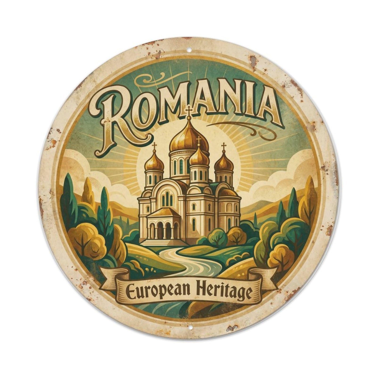 Vintage Travel Romania Cathedral European Metal Tin Sign