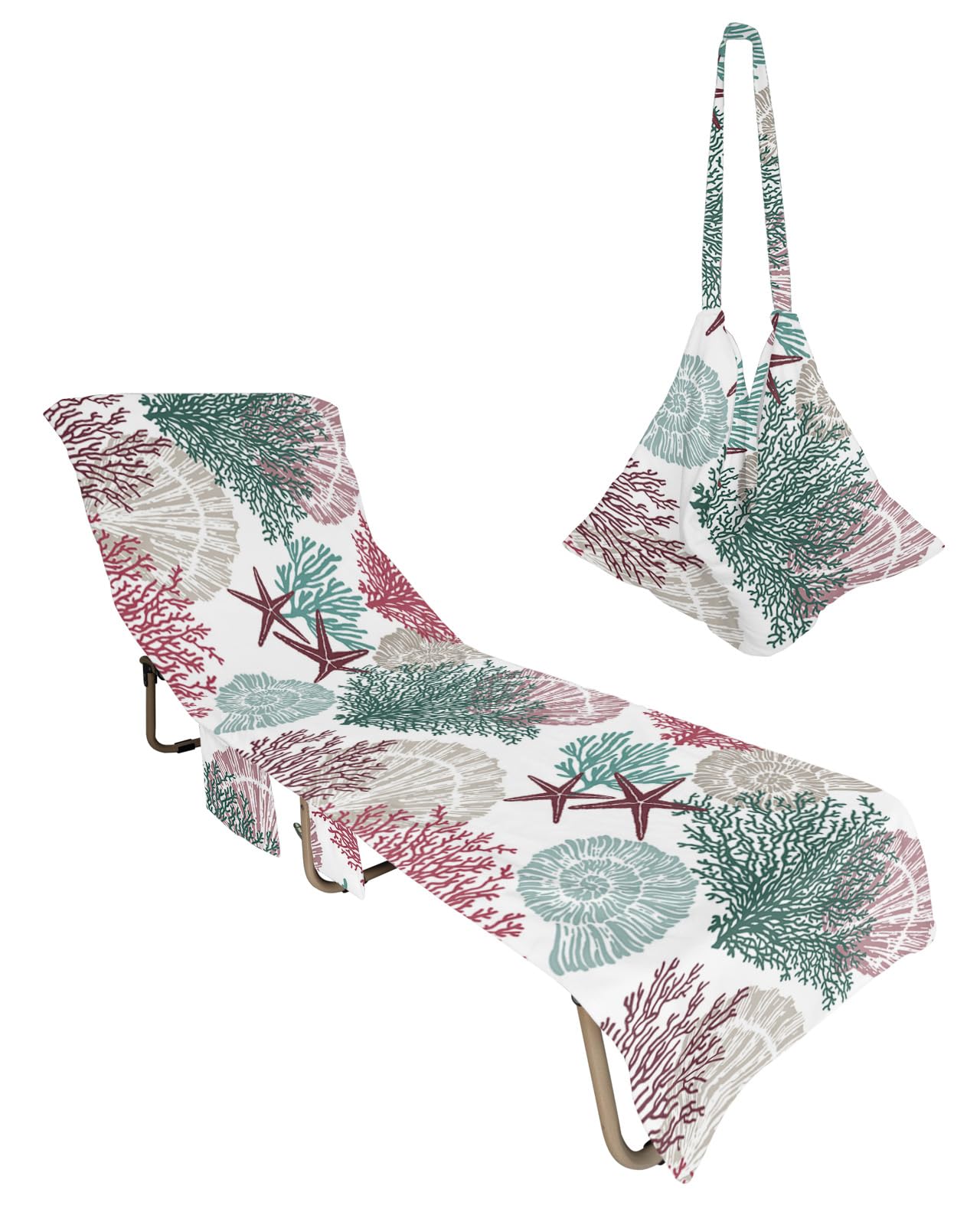 Red Teal Grey Coastal Beach Lounge Chair Towel Cover, Soft Chaise Lounge Towel with Side Pockets Patio Pool Chairs Cover for Beach/Pool Sunbathing 29x85 Summer Beach Coral Nautical Seaside