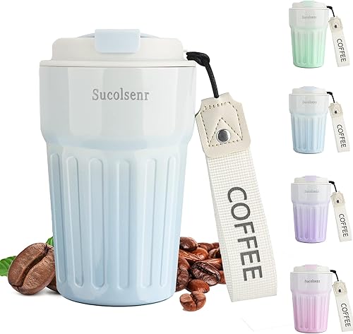 Sucolsenr Vaso de café aislado sellado a prueba de fugas aislado al vacío botella de acero inoxidable 304 viaje, llevar agua caliente y fría 14oz