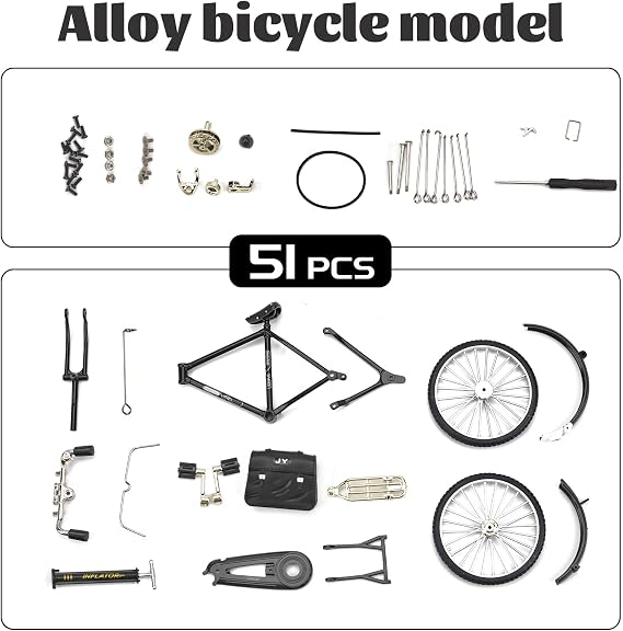 1PCS Retro Bicycle Model Ornament for Kids, 51 Pcs Simulation Mini Bike Model Scale Kit with Inflator & Briefcase, 1:10 Creative Iron Art Tabletop Ornament Toys for Gifts Home Office Decor (BLACK)
