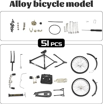 1PCS Retro Bicycle Model Ornament for Kids, 51 Pcs Simulation Mini Bike Model Scale Kit with Inflator & Briefcase, 1:10 Creative Iron Art Tabletop Ornament Toys for Gifts Home Office Decor (BLACK)
