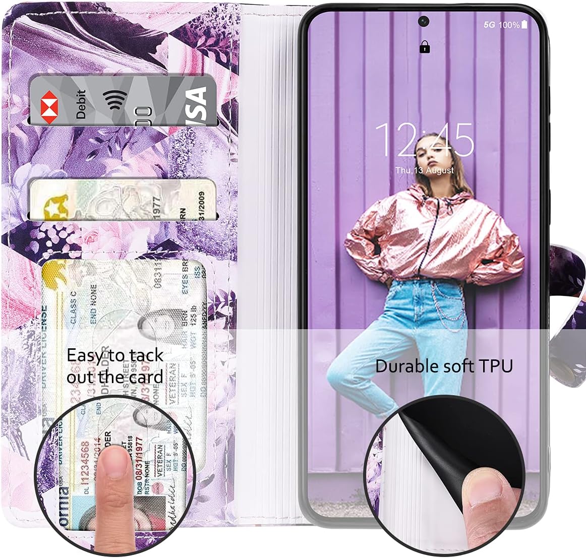 Dracool Compatible with Samsung Galaxy S21 5G Case 6.2 inch Wallet Case Cover for Women Girls Premium Leather with 10 Card Holder Slots Magnetic Kickstand Flip Flower Floral Bumper - Purple Marble