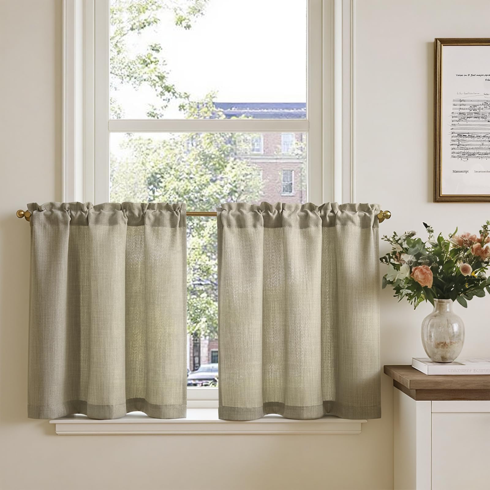TOPICK Vitrage, bistrogordijn, set van 2, 65 x 75 cm (h x b), taupe, linnenlook, raamgordijn, gordijn, modern, gaas, sjaals, raamsjaal, keuken, woonkamer, landhuisstijl, lichtdoorlatend