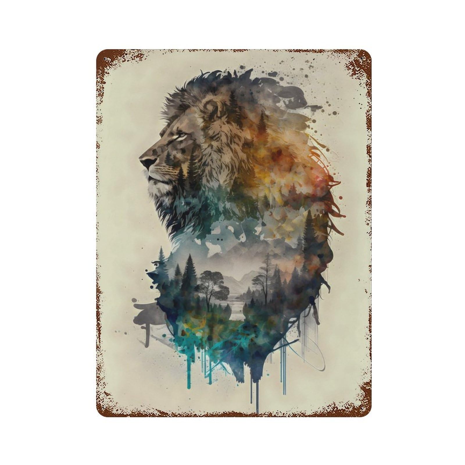 Garage Style LION WATERCOLORS Aged Metal Wall Plaque 15.7"x11.8", Farmhouse Wall Decor for Bar And Workshop