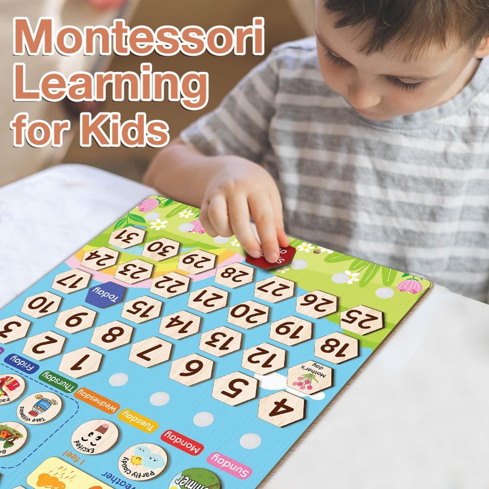 Interactive Calendar for Kids Ages 3+, Wooden Toddler Calendar, Teaching Seasons, Years, Months, Days of Week, Daily Activity Calendars for Kid Preschool & Homeschool (12 x 15 inches)