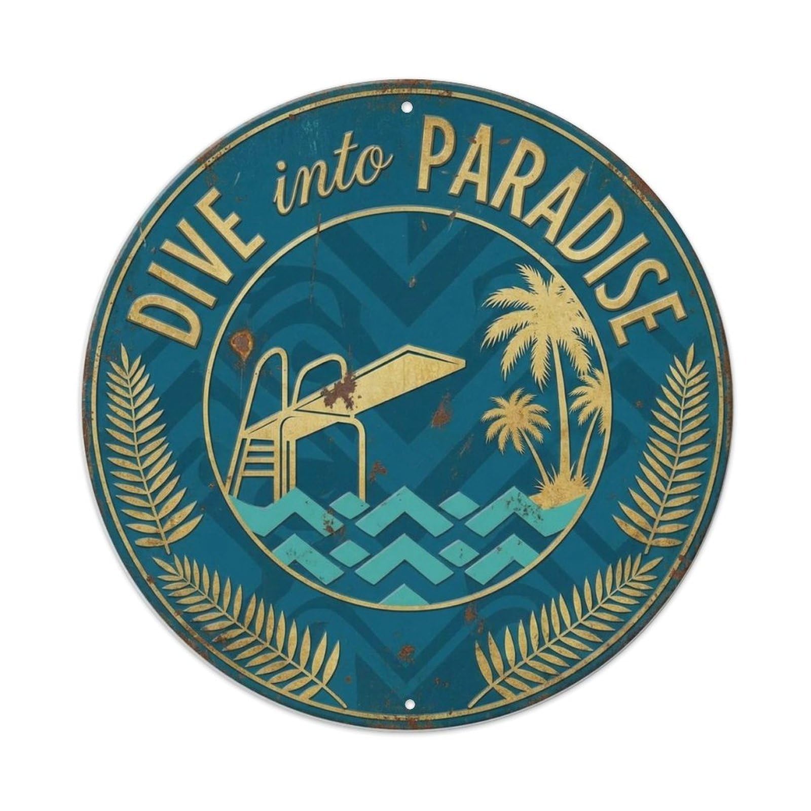 Dive Into Paradise Vintage Summer Shoreline Beach Slogan Metal Tin Sign Plaque Wall Decor for Cafe, Man Cave, Club Bar, Office, Home Garden Round Metal Poster 8x8Inch
