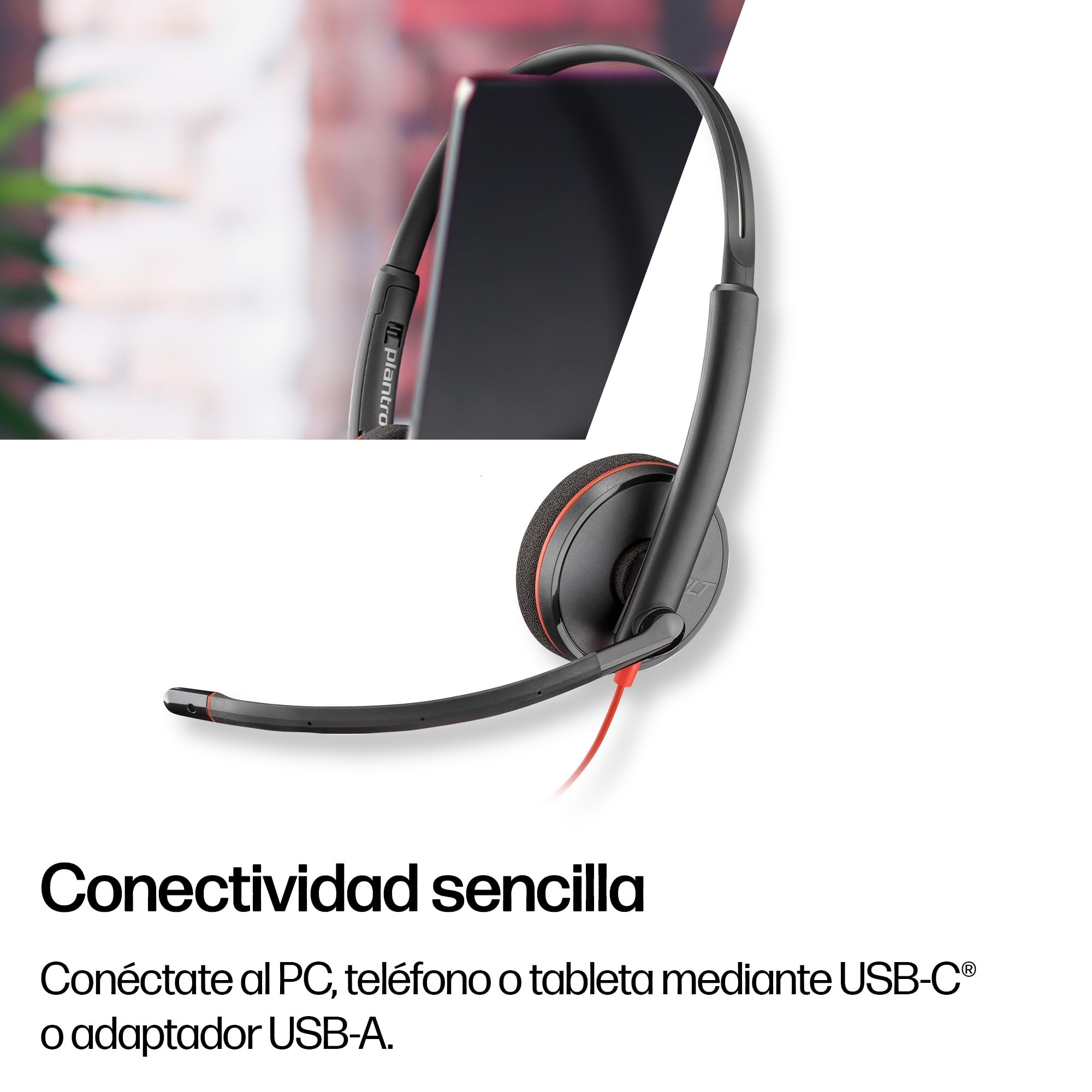 Auricular Poly Blackwire 3220 con cable - Micrófono con cancelación de ruido - Diseño estéreo - Conexión a PC/Mac mediante USB-C o USB-A - Funciona con Teams y Zoom