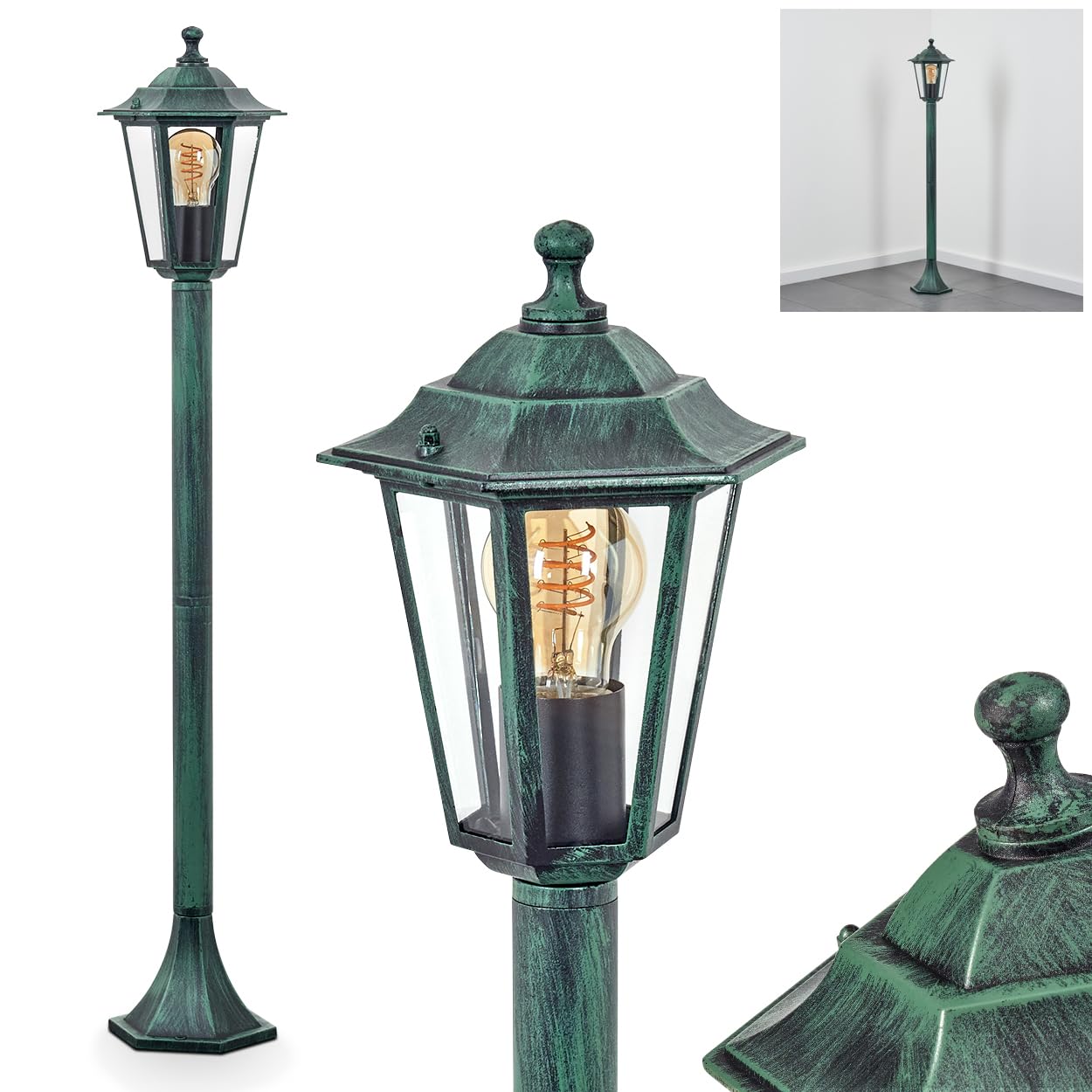HOFSTEIN Lampa zewnętrzna Loria, oświetlenie ścieżki z metalu/szkła w kolorze zielono-czarnym/przezroczystym, lampa zewnętrzna o wyglądzie antycznym, 99 cm, lampa ogrodowa, oświetlenie ogrodowe IP44,