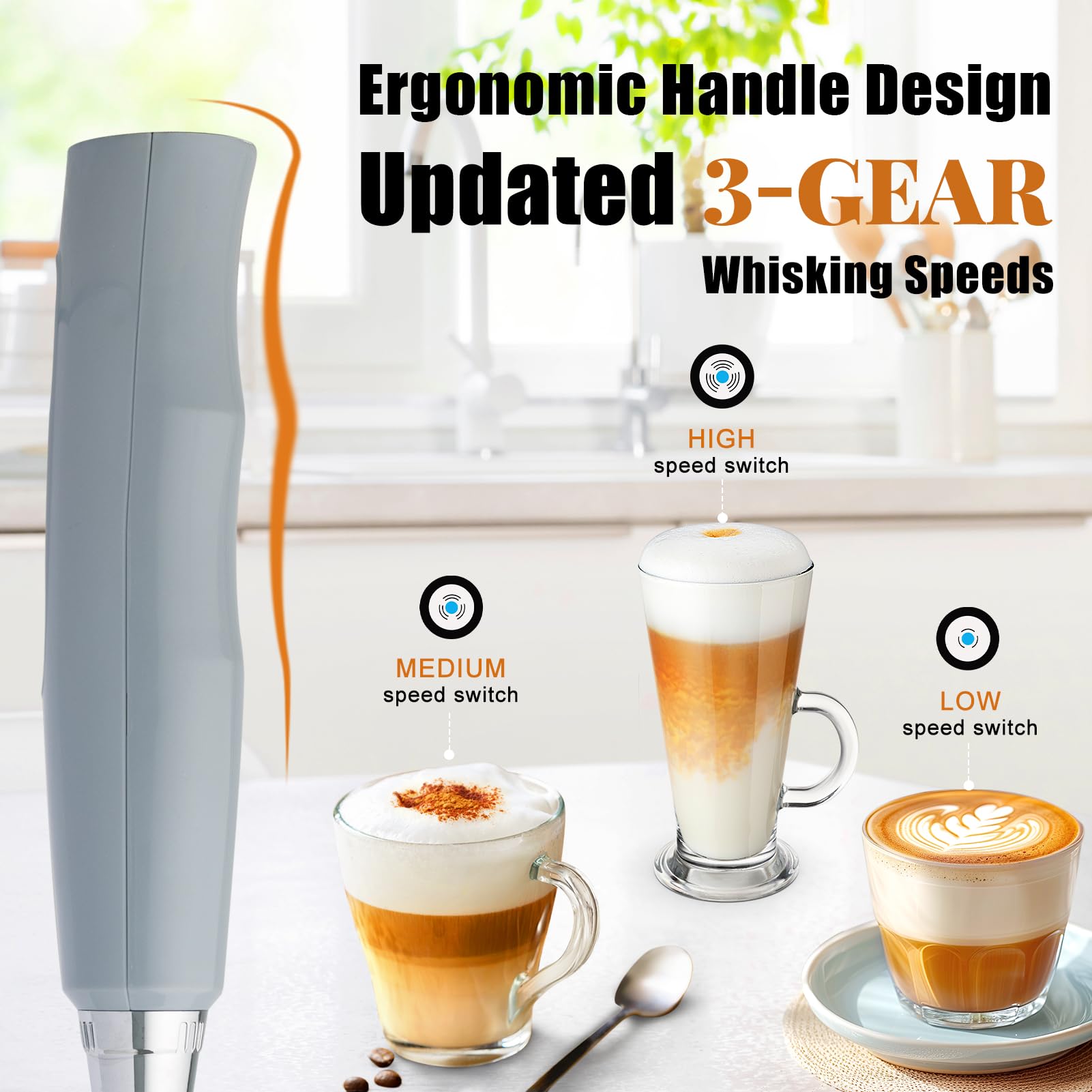 Nahida Mousseur à lait portable pour café, fouet électrique rechargeable avec 3 têtes, 3 vitesses, mélangeur de boissons, mousseur pour latte, cappuccino, chocolat chaud, œuf