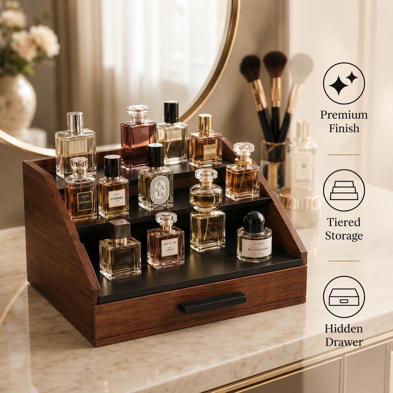 Organizzatore di profumo con cassetto, espositore profumo, legno a 3 livelli, per parrucchiere, cosmetici, orologi, gioielli, rossetto, bagno, camera da letto, donna e uomo