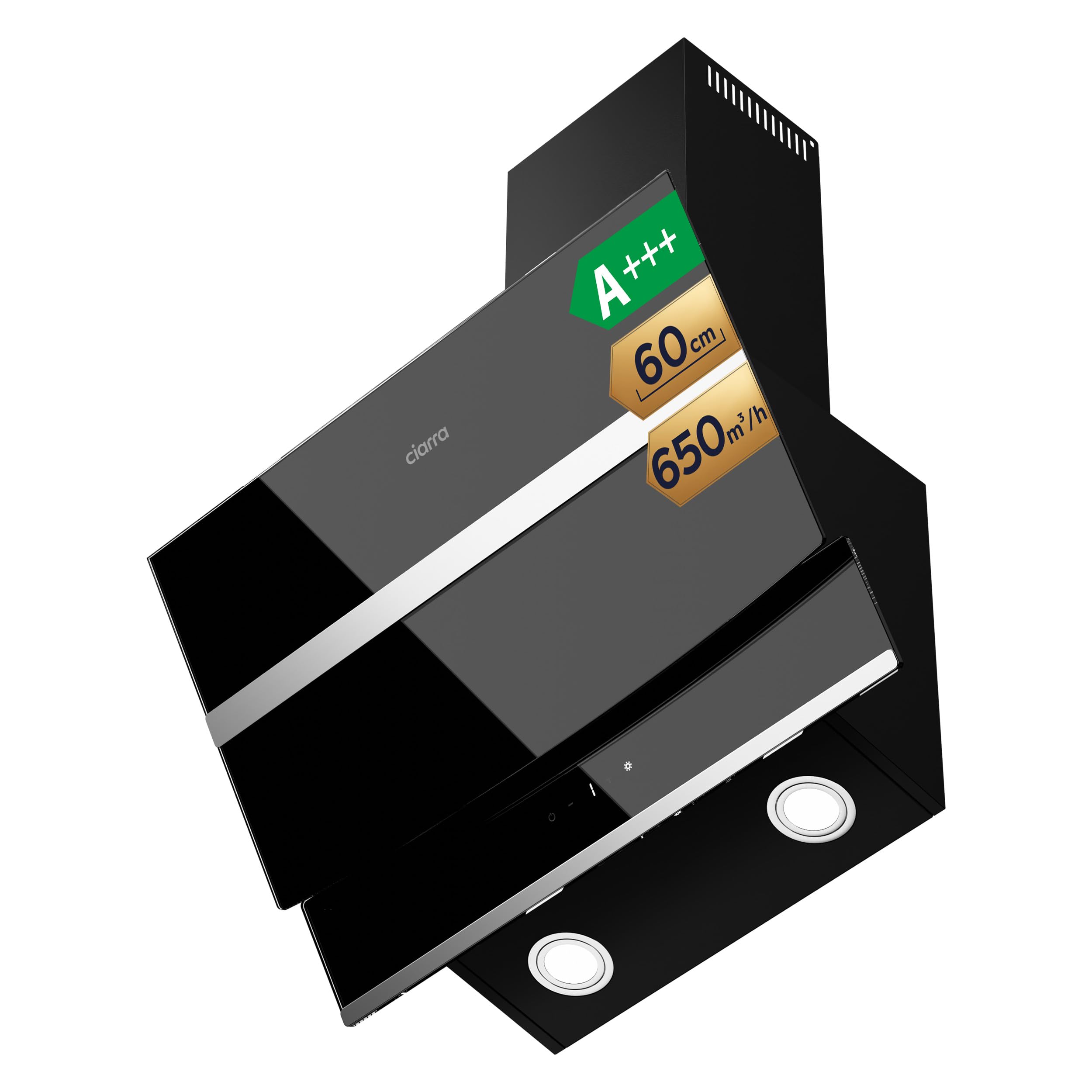 CIARRA CBCB6736N Classe A Cappa Aspirante 60 cm 750 m³/h in Acciaio Inox Scarico Aria/Ricircolata Filtro per CBCF003 Cappa a Parete con Pannello Touch Illuminazione a LED Nero