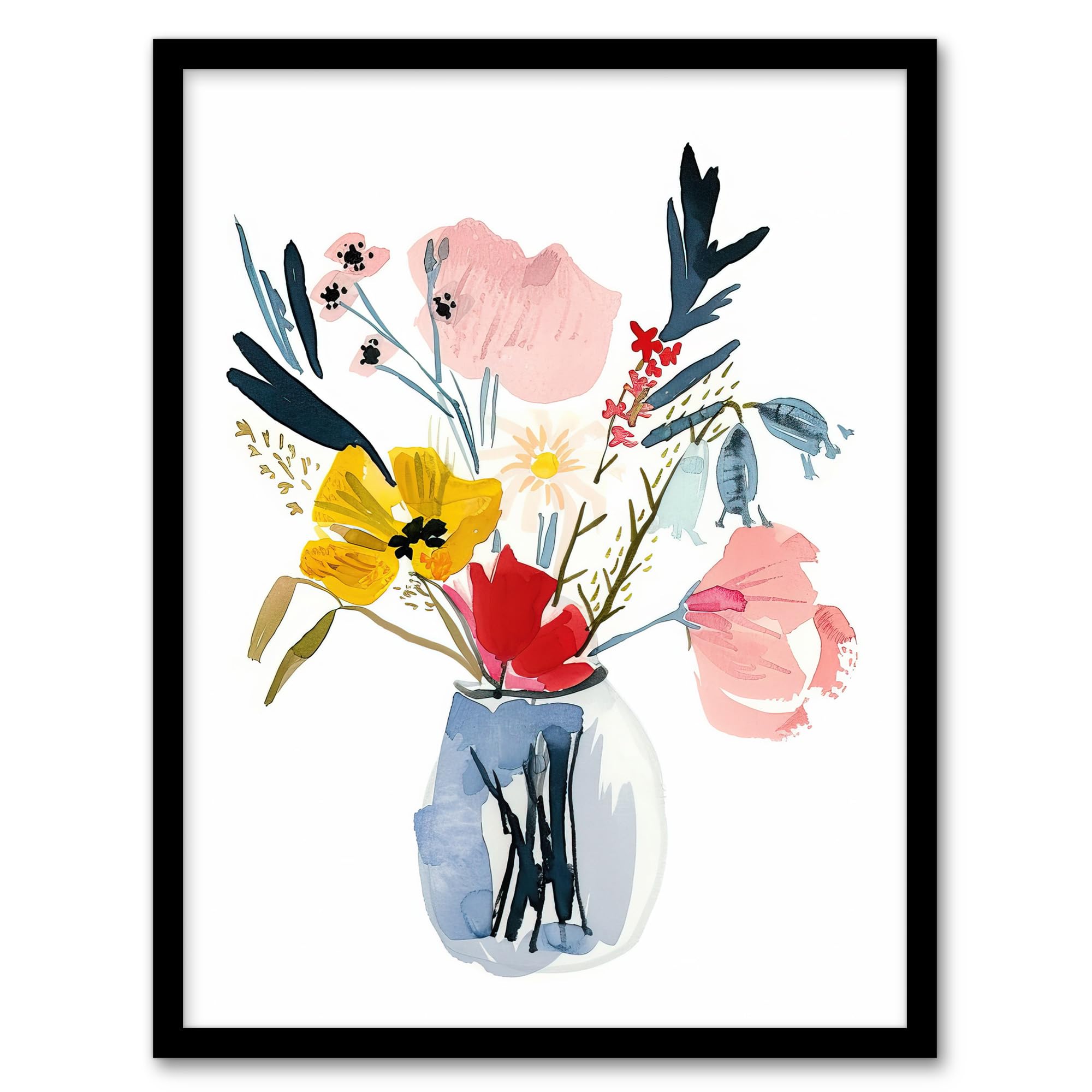 Artery8 Spring Wildflower Bouquet in Vase Watercolour Living Room Artwork Framed Wall Art Print 18X24 Inch