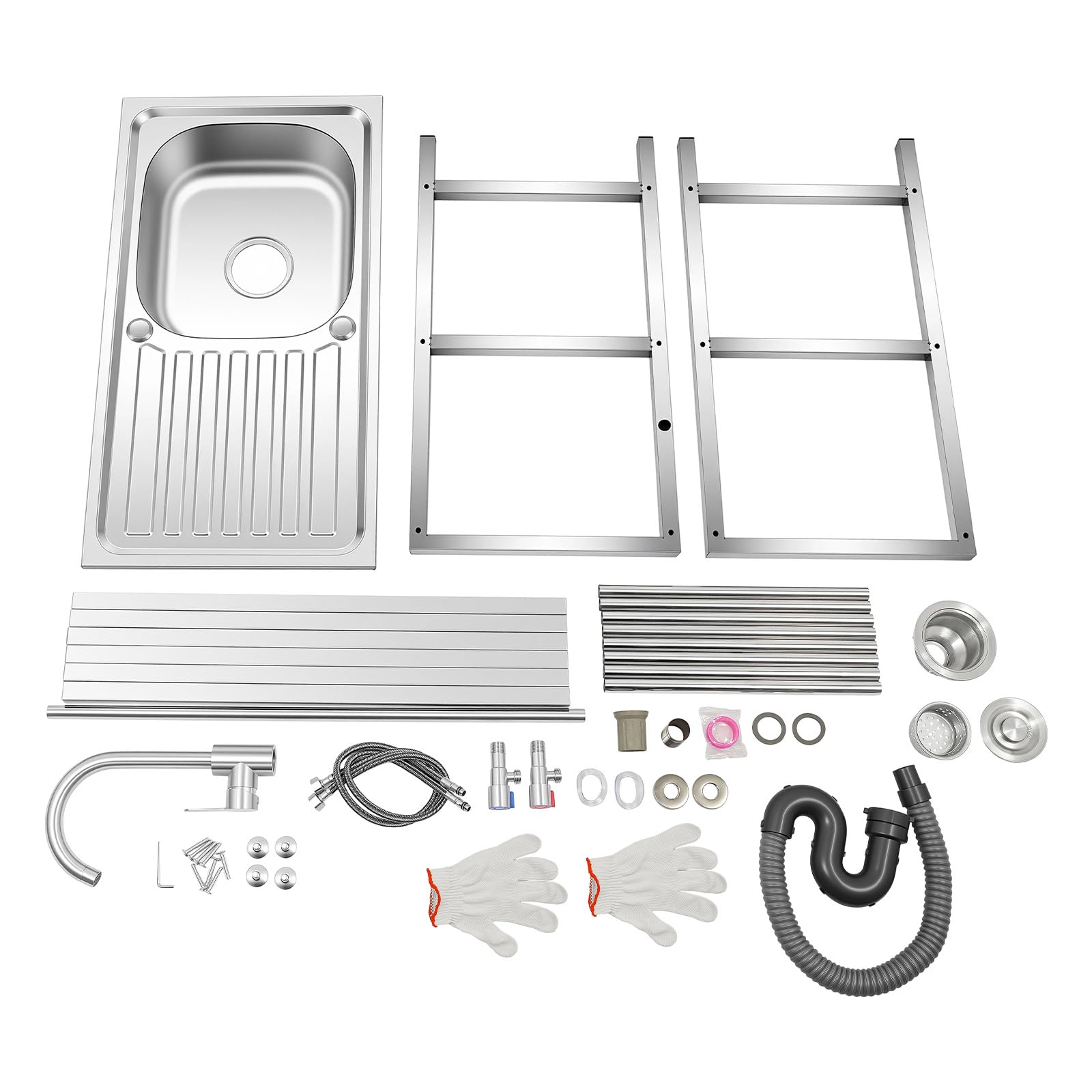 Evier Inox Exterieur,Evier Sur Pied Cuisine,Evier multifonction,Evier Professionnel Avec Robinet Pivotant,Eau Chaude Froide,Double Etagere Rangement,Cuisine Jardin Restaurant Garage