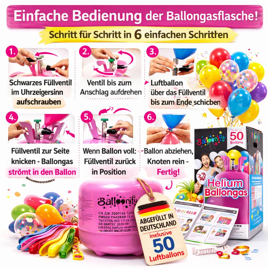 BALLONGAS FÜR 50 Luftballons + 50 Ballons + FÜLLVENTIL | Helium Einweg Flasche Luftballon Folienballon Deko Geburtstag Party Hochzeit