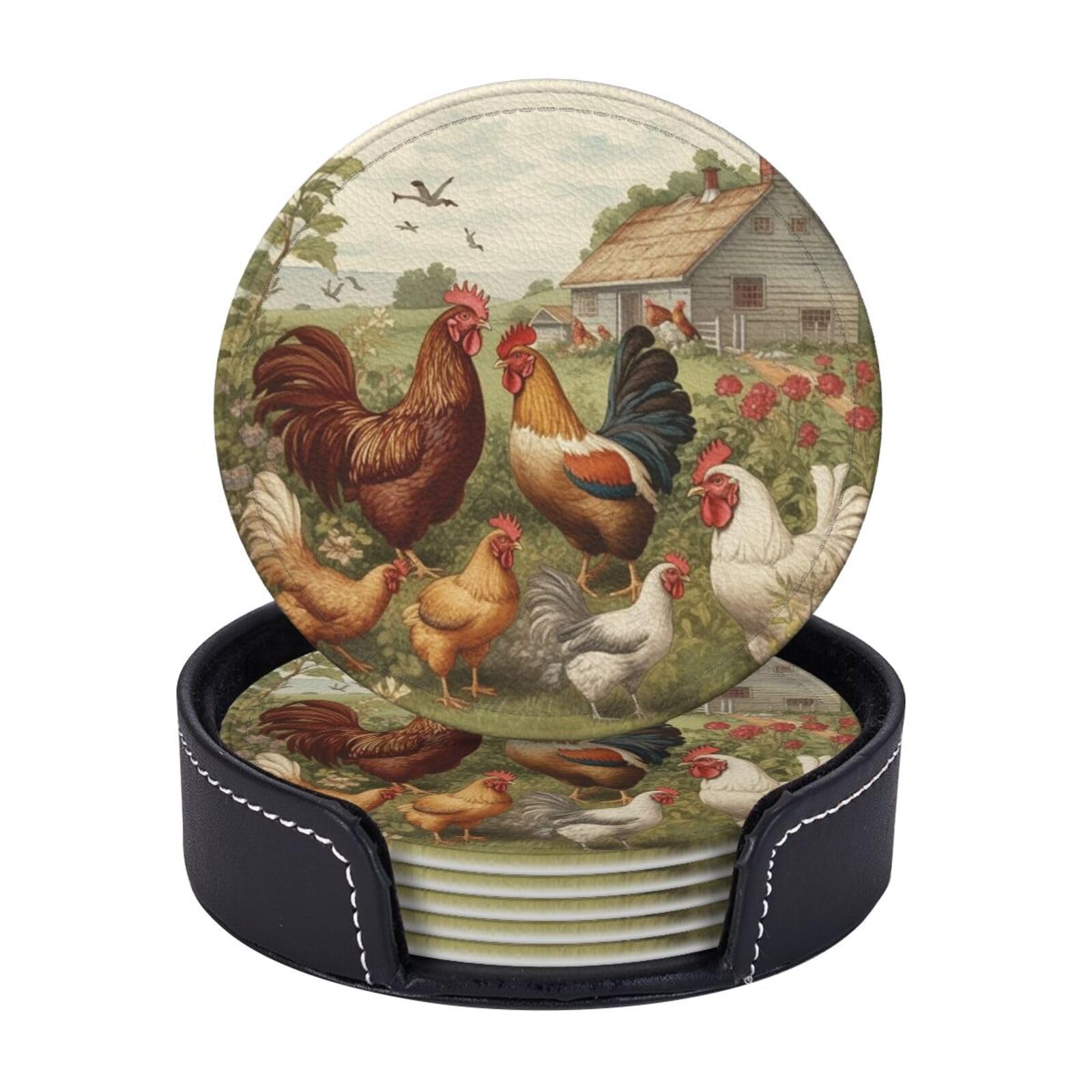 Round Coasters for Drinks Set of 6 - PU Leather Coasters with Holder - Modern Drink Coasters for Coffee Table - Chickens and Farm Coaster for Tabletop Protection 4" Cup Mat Pad