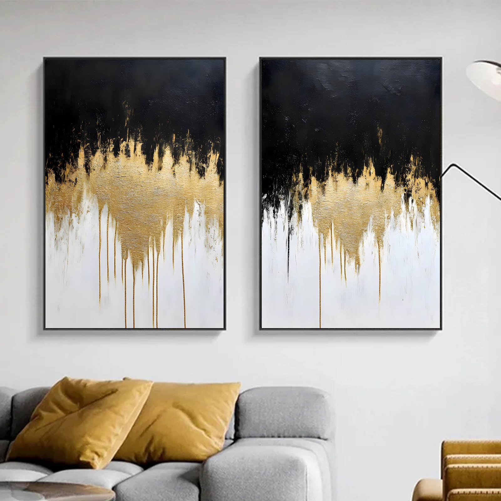 Black Gold Abstract Wall Art Gold Foil Artwork Black Gold Grey Abstract Wall Art Grey And Gold Pictures Wall Decor Abstract Gold Foil Canvas Painting Modern Abstract Room Decor 16x24inchx2pcs No Frame